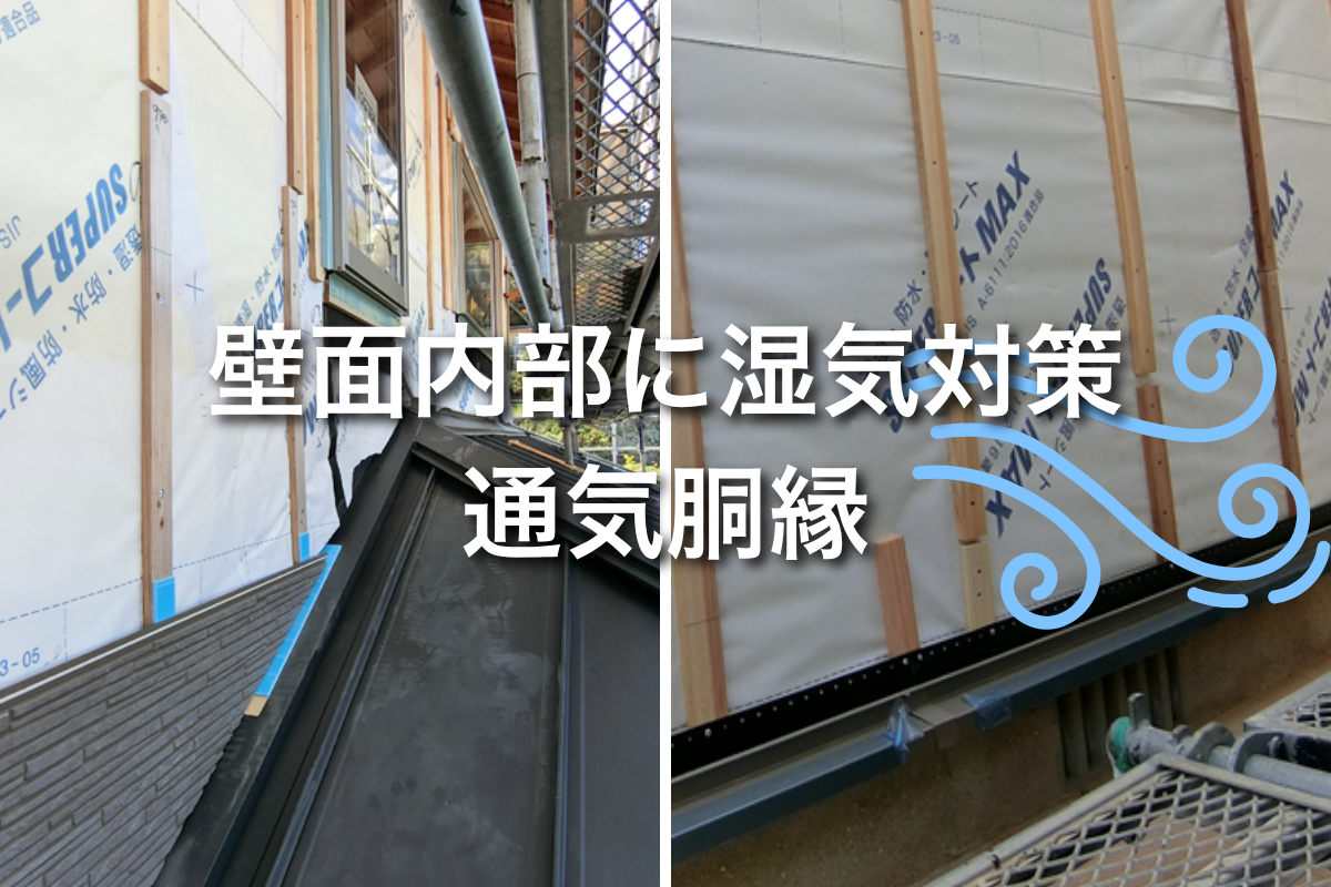 見えづらい壁面内部の湿気対策に通気胴縁の紹介を行う文章のイメージ画像。
