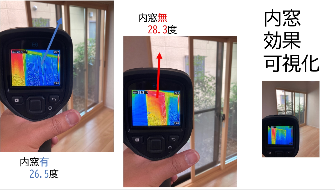 内窓設置前後をサーモカメラで比較した画像。内窓あり26.5度、内窓なし28.3度