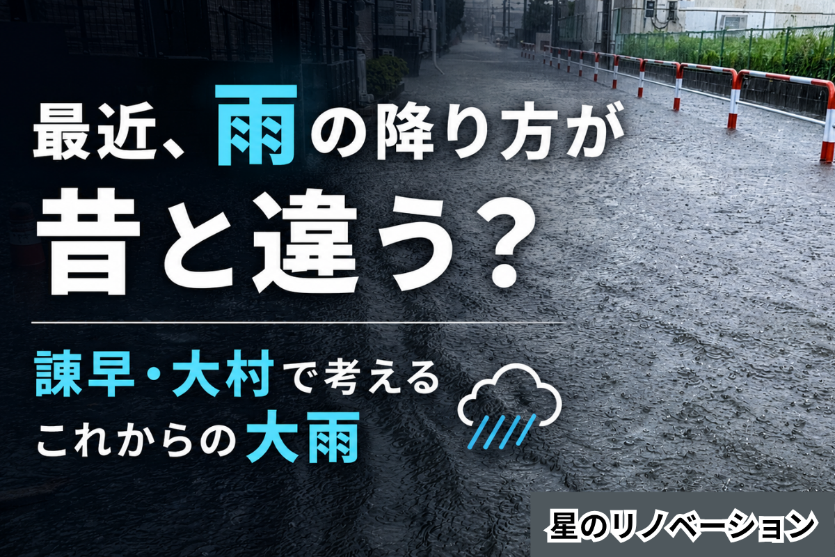大雨で道路に水がたまる様子と「最近、雨の降り方が昔と違う?」の文字を組み合わせた諫早・大村の大雨を考えるブログ画像